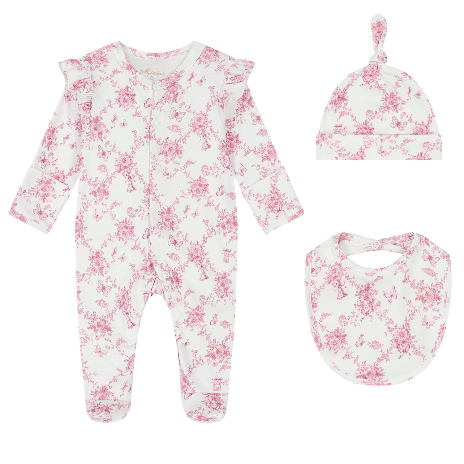 Baby Girls White & Pink Floral & Butterflies Babygrow Set, 1, hi-res